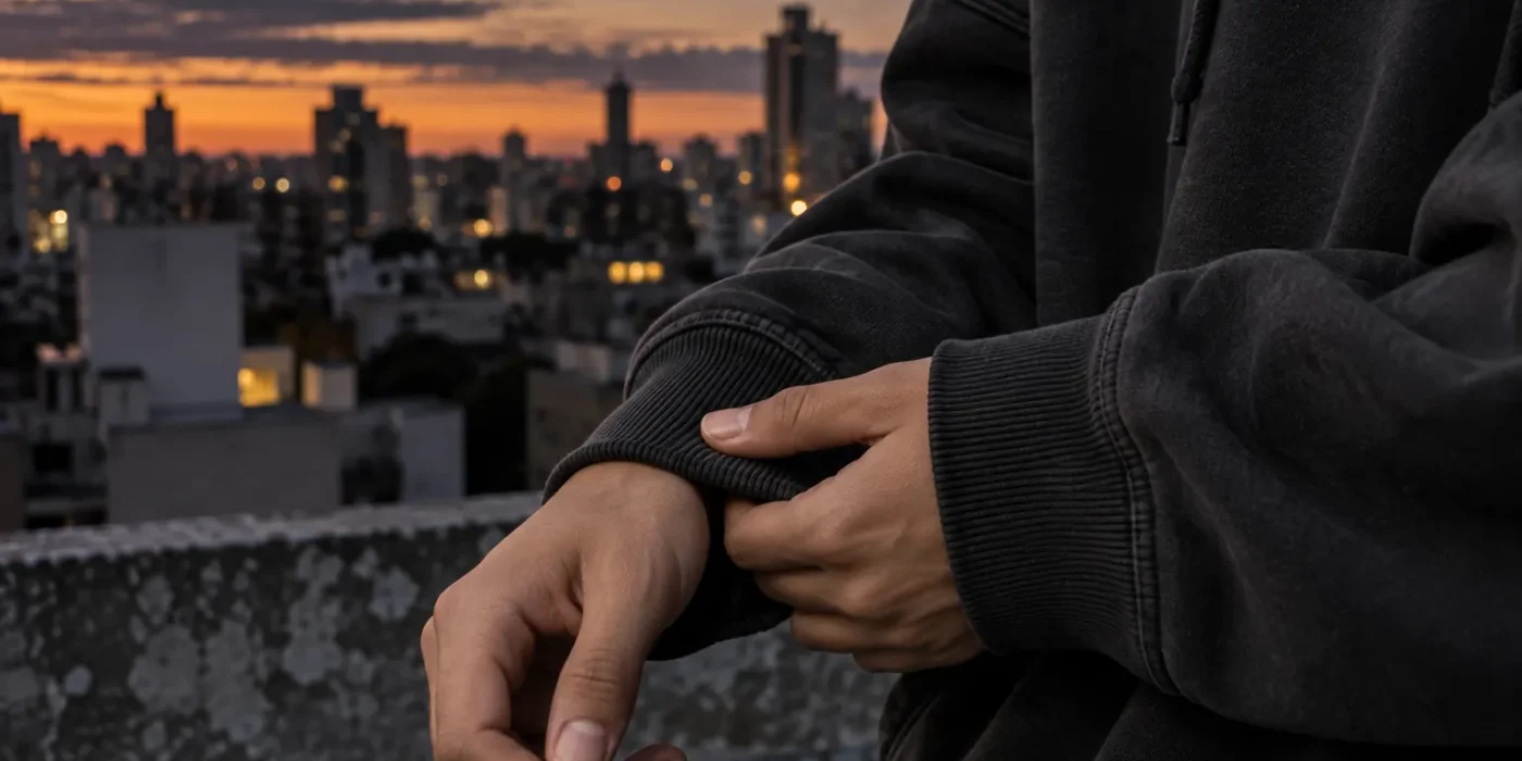 Detalle del puño y la manga de un buzo de egresados oscuro en una escena editorial GSC